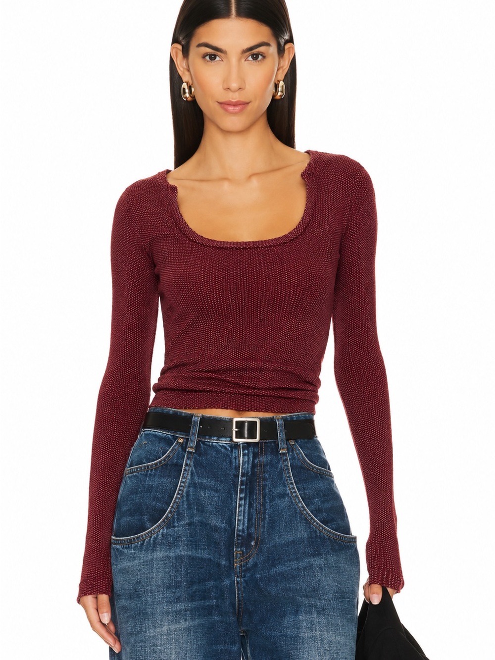Free People Textured Long Sleeve Scoop Neck Top | Burgundy Red | XS/S